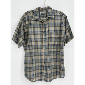 Key Elements Mens Short Sleeve Plaid Button Down Shirt Blue Tan Brown Sz L